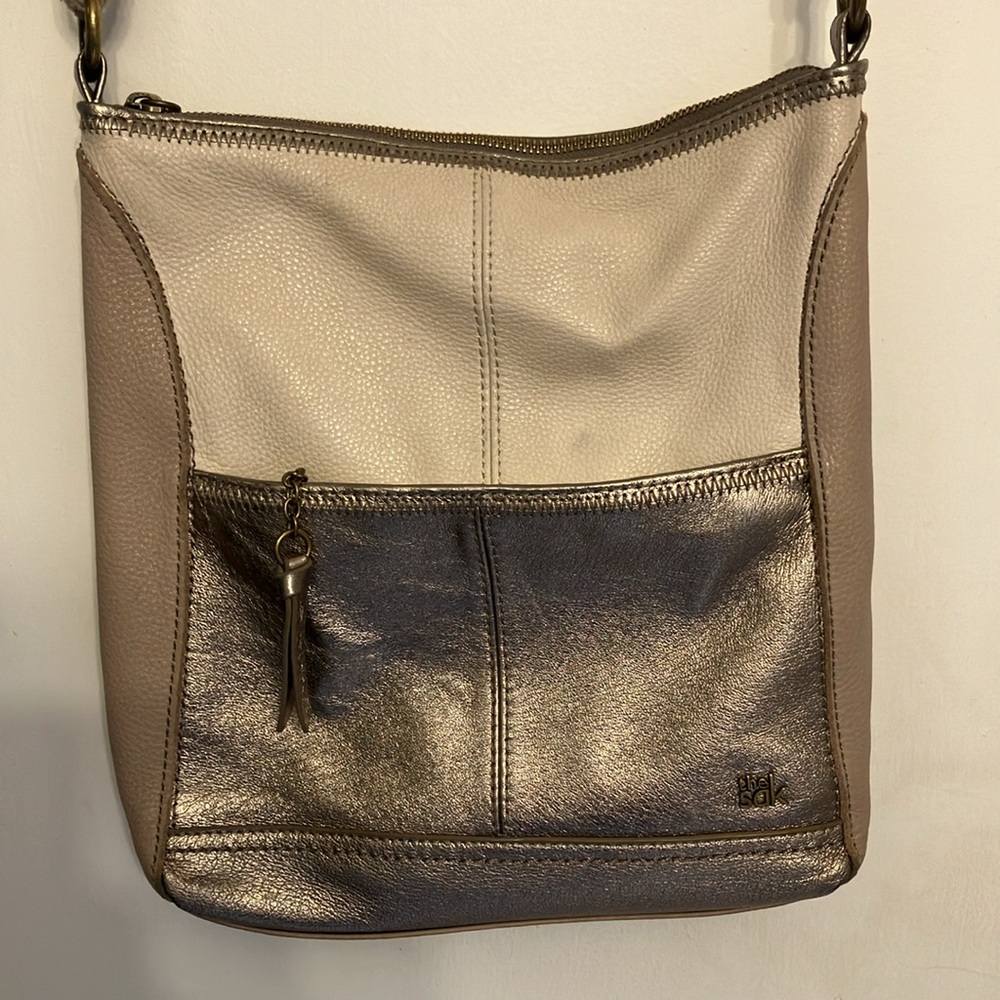 The SAK iris soft leather cross body bag bronze hardware silver, brown, cream